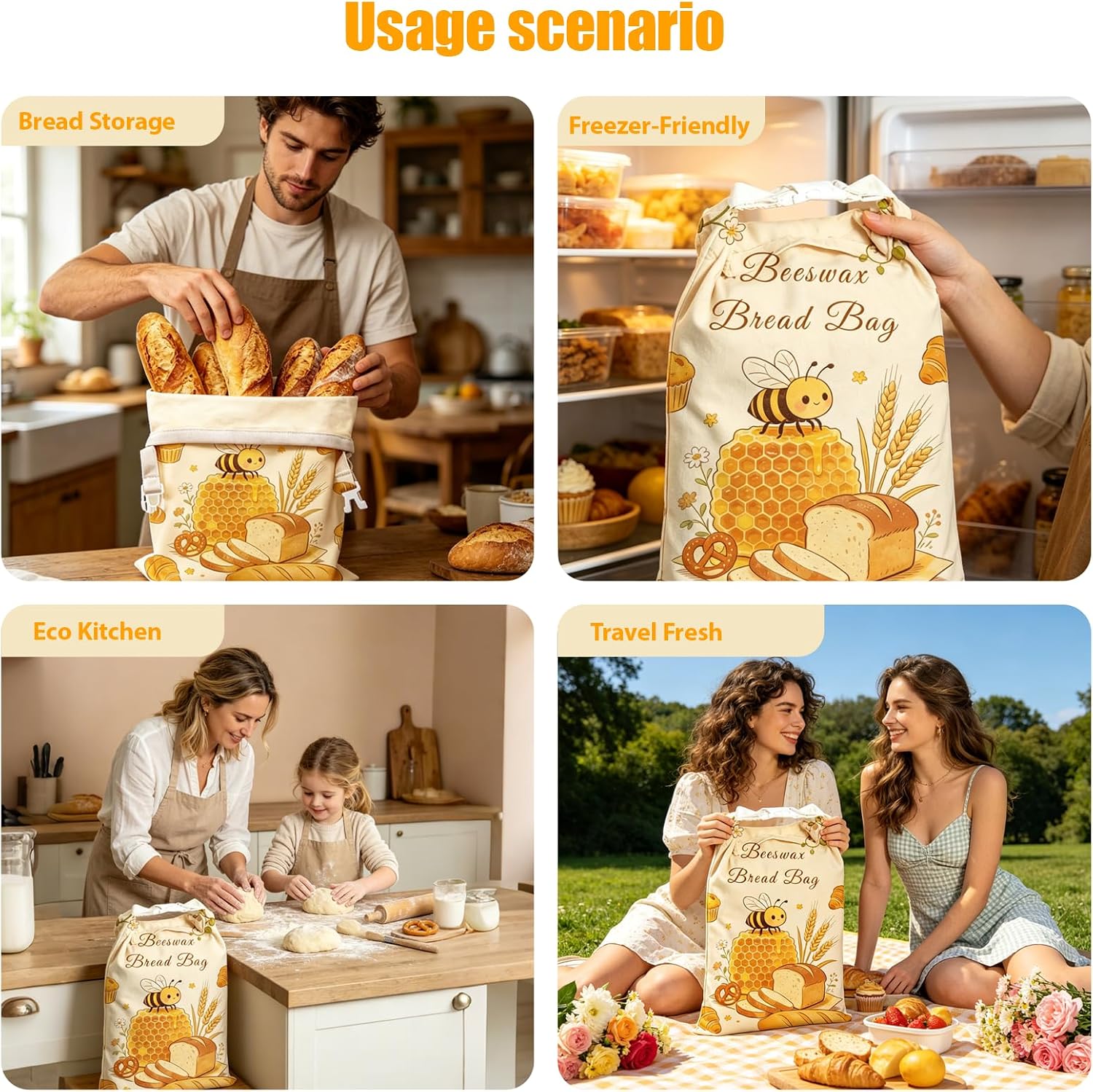 2 Pack Beeswax Bread Bags for Sourdough with Lock Closure, 17 x 13 Inch Reusable Natural Beeswax Lined Bees Wax Bread Storage Bag for Homemade Bread, Freezer Friendly & Freshness Preservation
