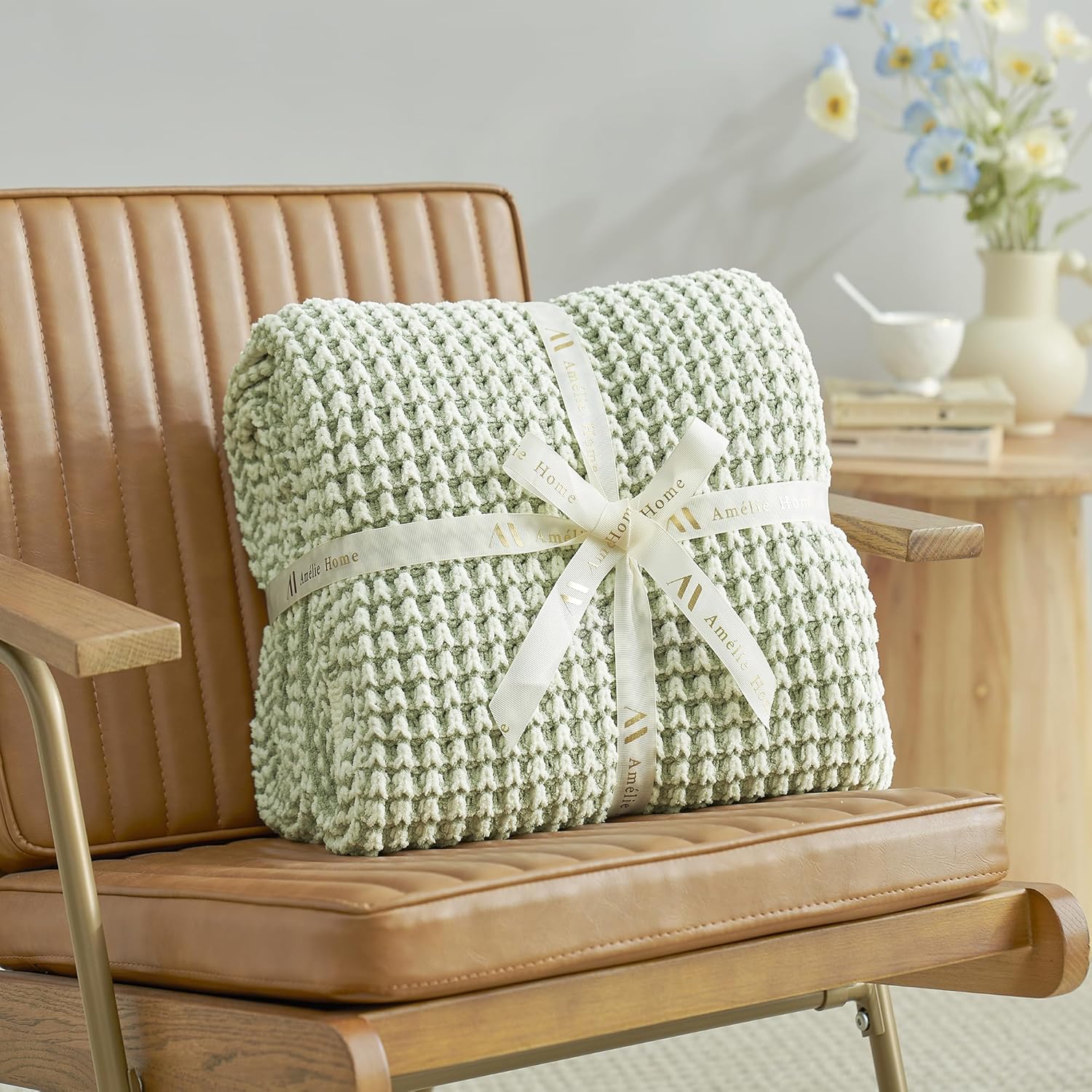 Amélie Home Waffle Chenille Throw Blanket for Couch, Pineapple Stitch Knit Soft Cozy Knit Blanket Decorative Throw for Sofa, Chair, 50"x60", Sage Green&Ivory - Image 9