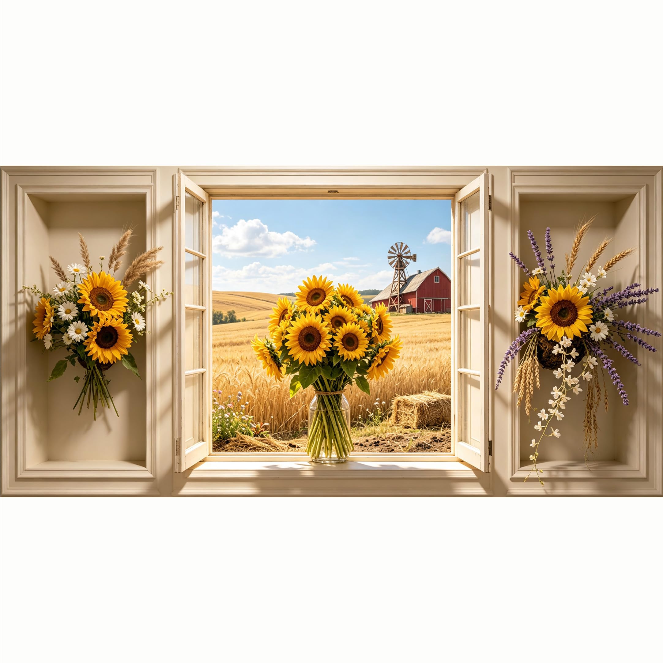 QZLITHOTIC 50x100cm 3D Framed Wall Art， Farmhouse Sunflower Field Windmill Window View Self‑Adhesive Mural， Water‑Activated Peel & Stick Fabric Decor Wall Decal for Bedroom Living Room