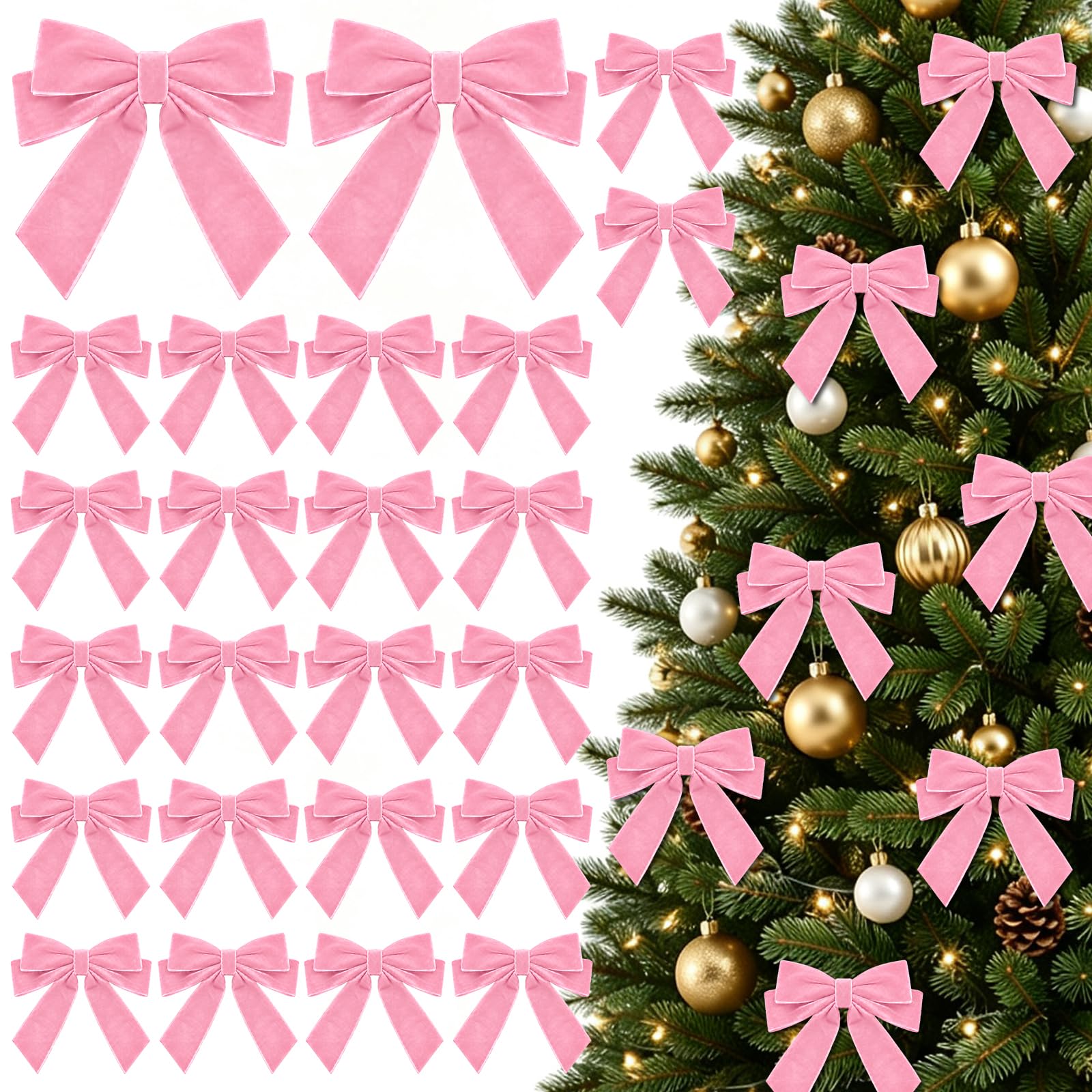 24PCS Christmas Pink Velvet Ribbon Gift Bows with Twist Ties Xmas Tree Bow — image 1
