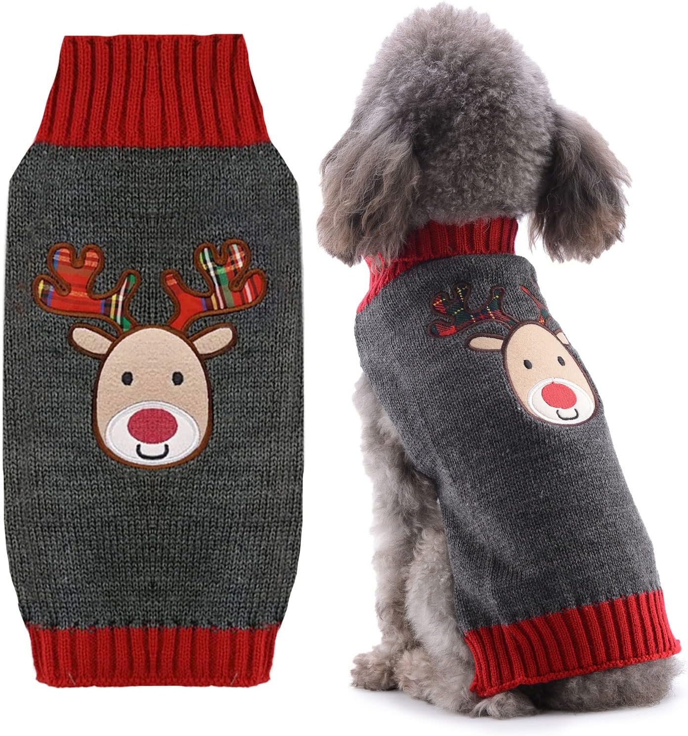 PETCARE Reindeer Christmas Dog & Cat Sweater Vest - Gray, Medium & Large Sizes - Cartoon Elk Theme - Fall & Winter Outfits - Xmas Dog & Cat Costume