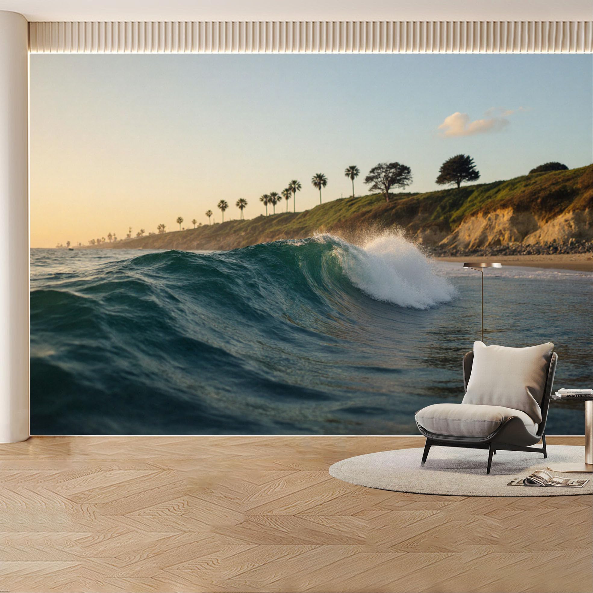 Custom Wall Mural Wallpaper Ocean Wave Palm Trees Landscape Nature 3D Effect Wall Decor Tropical Sunset Removable SelfAdhesive Large Photo for Living Room， Bedroom， Office