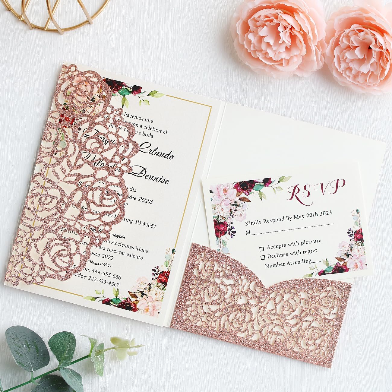 50PCS Personalized Rose Gold Glitter Wedding invitations Kit 5.1 x7.1 inch Laser Cut Hollow Rose Floral Pocket With Ribbon Invitation for Quinceanera Wedding Invite (Rose Gold Glitter)
