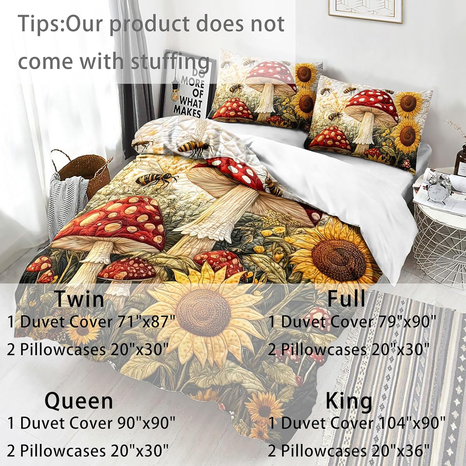 AILONEN Mushroom & Sunflower Duvet Cover Set Twin Size,Cartoon Flower Bee Quilt Cover with 2 Pillowcases, Soft Breathable 3Pcs