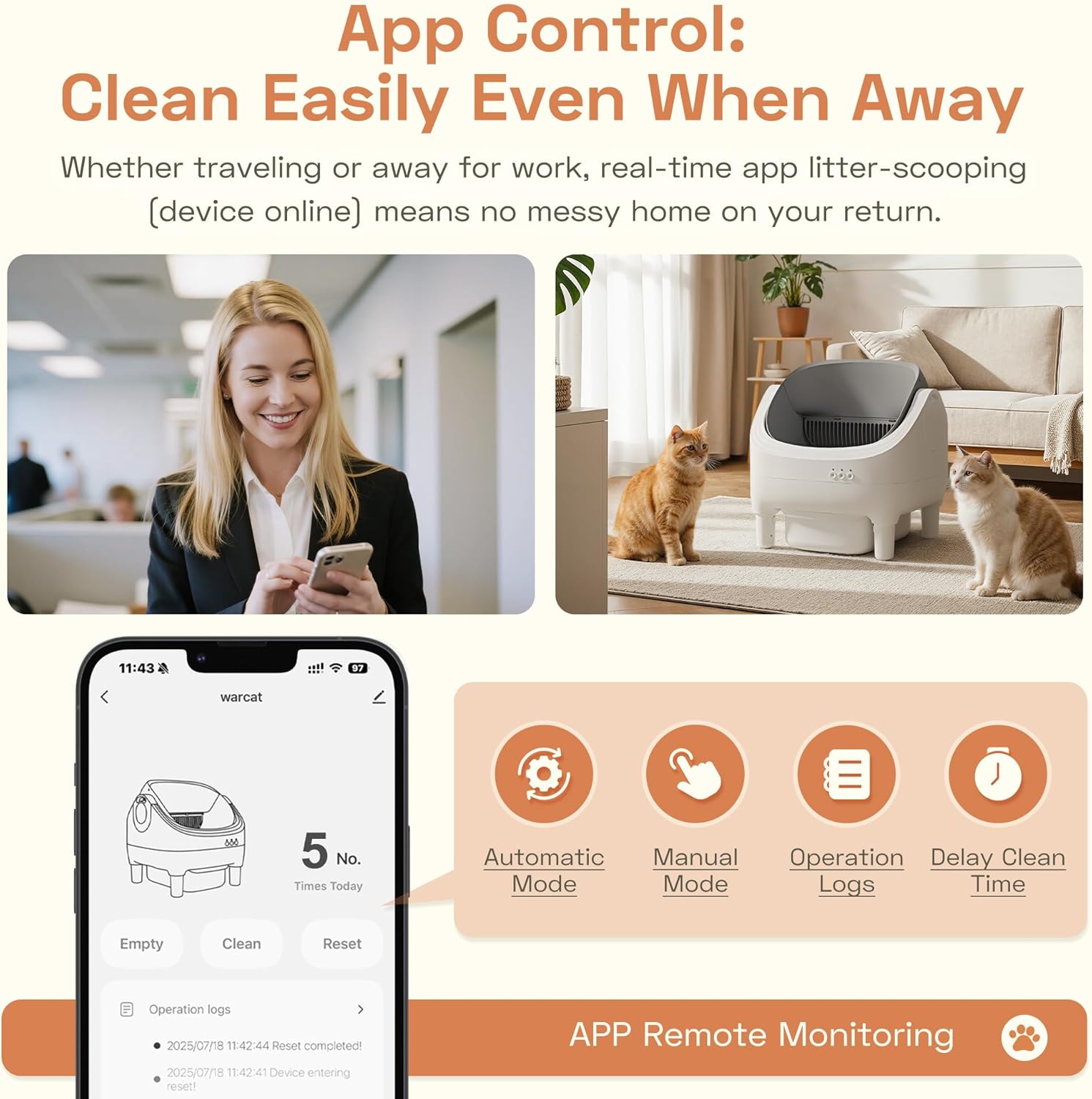 WARCAT Litter Box – Electric Automatic Self-Cleaning, Open-Top Design, Smart APP Control, 15L Large Waste Bin, Easy Odor Control, Includes Trash Bags & Mat (Grey)