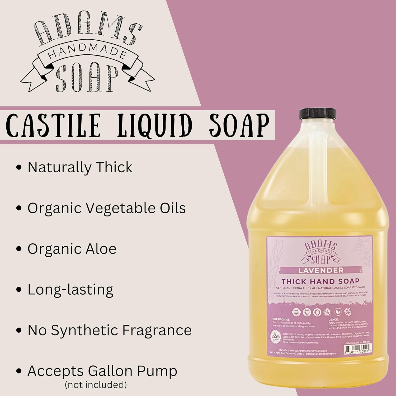 Adams Handmade Soap Thick Organic Castile Liquid Hand Soap 1 Gallon Refill - Lavender