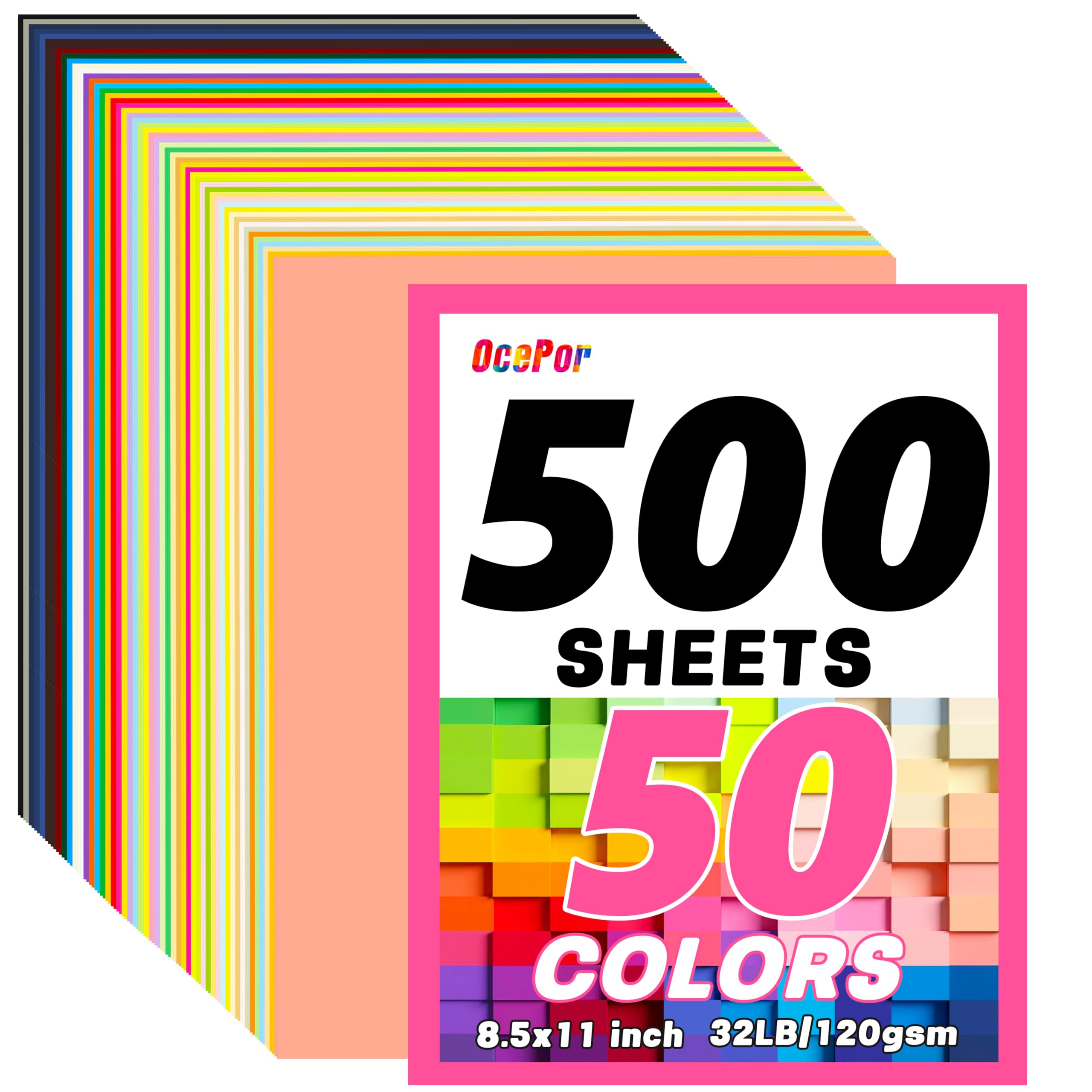 OcePor 500 hojas de cartulina de colores, 50 colores, cartulina de 8.5 x 11 a granel, 120 g/m²/32 libras, papel de construcción de colores surtidos para impresión, fabricación de tarjetas, troquelado