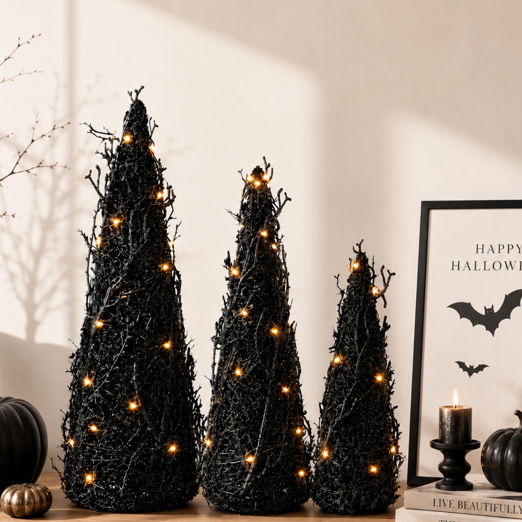 Thyle 3 decorazioni per albero di Halloween, albero di Halloween, nero, con luci a LED, decorazione per interni ed esterni