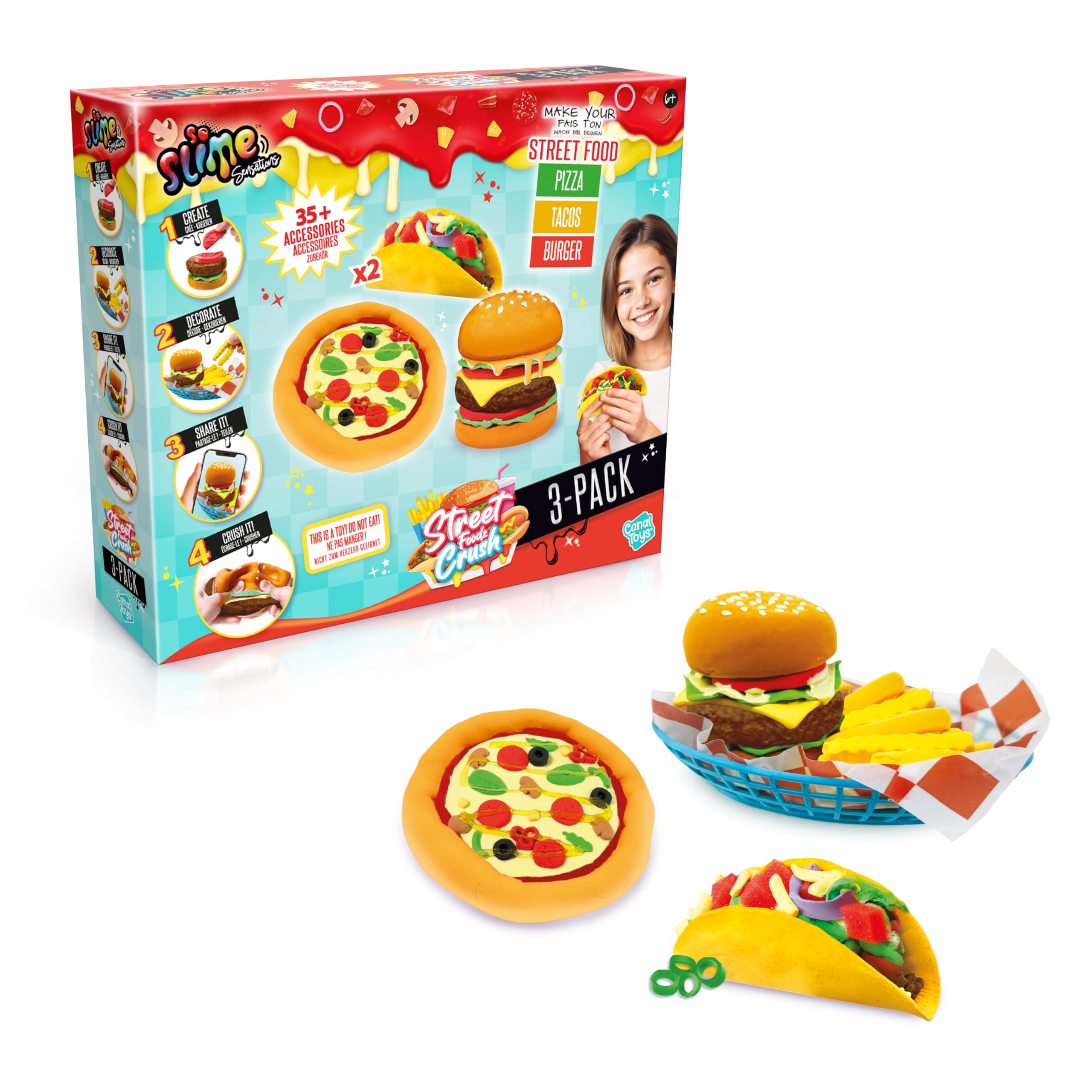 So Slime Sugary Crush Street Food - Pizza, Tacos, Hamburger - ASMR Slime Making Kit - Sensory Play - Ages 6+