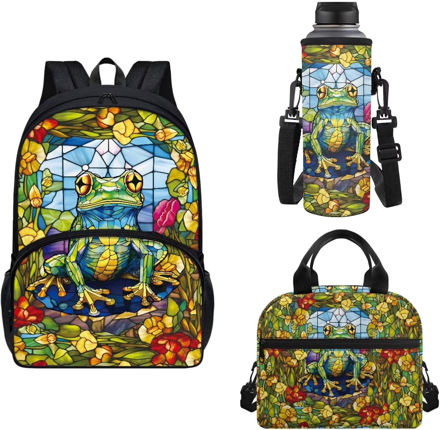 Horeset Boho Frog Print Boys Backpack School Bag with Picnic Lunch Bag Water Bottle Holder Bag, Middle School Bags Rucksack for Camping Outdoor Travel
