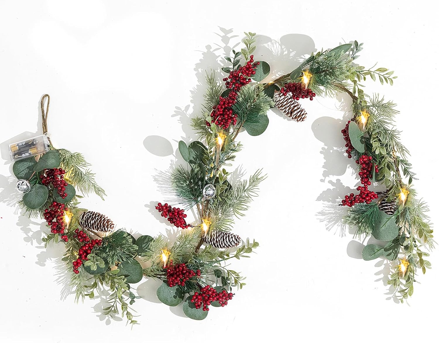 LOHASBEE Christmas Garland, Festive 5FT Christmas Garland with Green Pine, Red Berries, and Rustic Pinecones - Perfect for Holiday Decor 5FT Prelit