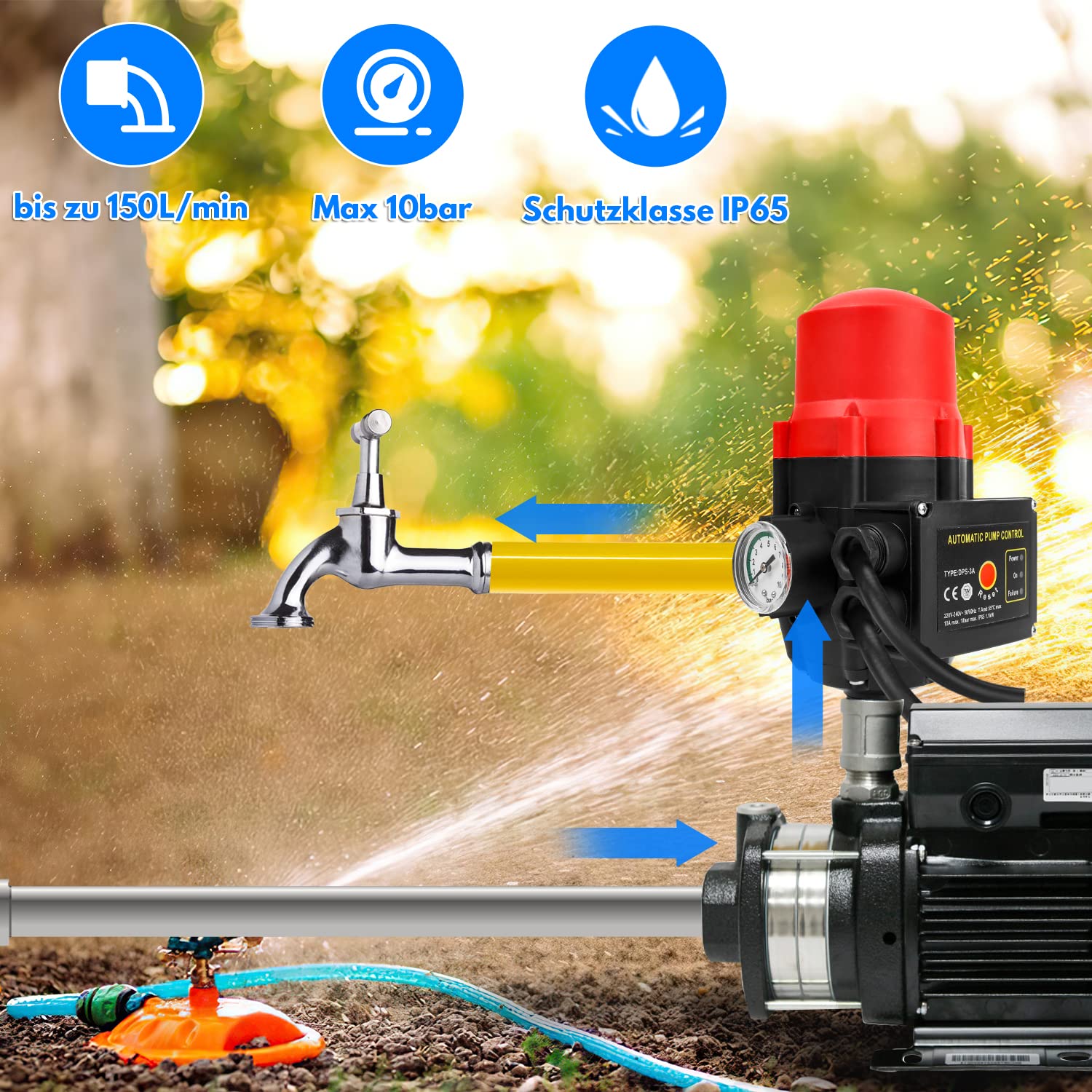 Ikodm Commande de pompe avec indicateur de bar et câble, Pressostat de 10 bar Marche/Arrêt Automatique Pression d'eau Constante pour Jardin Maison, Contrôle la pression de l'eau, Rouge