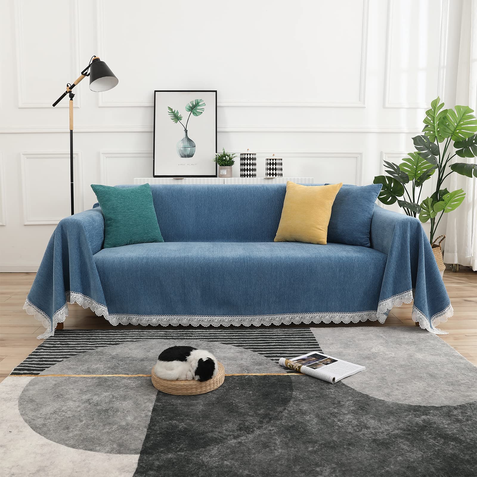 QubjusChenille Sofa Cover Universal Sofa Slipcover Couch Covers for 3 Cushion Couch Sofa for Cats, Thick Durable Sectional Couch Cover with Lace(XX-Large, Blue)