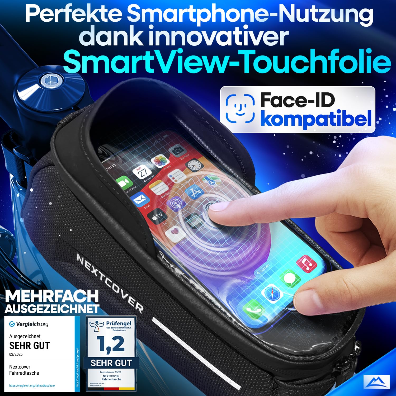Nextcover® Rahmentasche Fahrrad mit Handytasche I Fahrrad Rahmentasche mit Touchscreen I Fahrradtasche Rahmen Wasserdicht, Oberrohrtasche Bikepacking - Ideal für E-Bike, MTB, Gravelbike, Rennrad