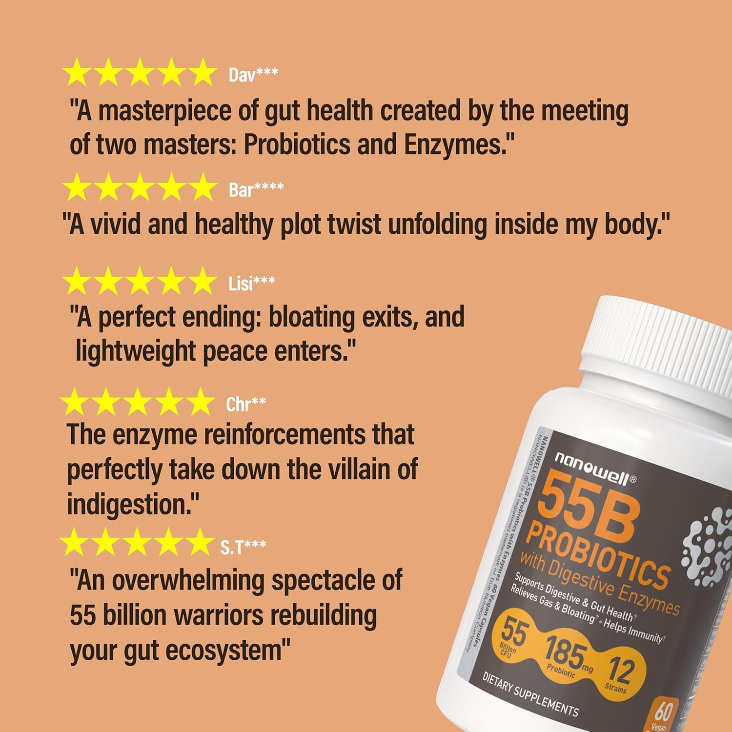 NANOWELL 55B Probiotics with Digestive Enzymes for Immune Support & Gut Health - 55 Billion CFU, 12 Strain, 185 mg Prebiotic - Relieves Gas & Bloating - 60 Vegan Capsules, 60 Day Supply - Image 2