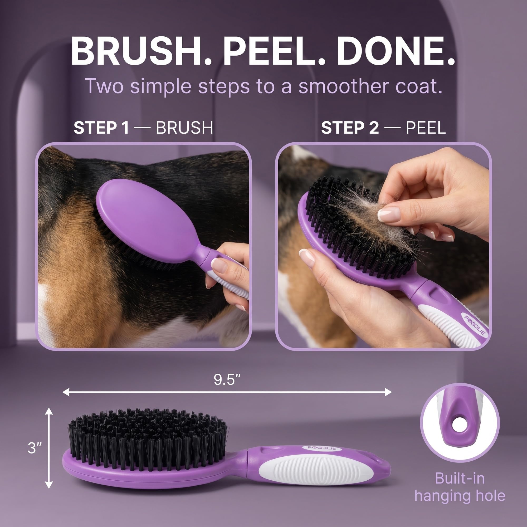 Poodlie Brosse à poils doux pour chien pour poils courts, brosse de toilettage douce pour peaux sensibles, élimine les poils morts, poignée en caoutchouc antidérapant