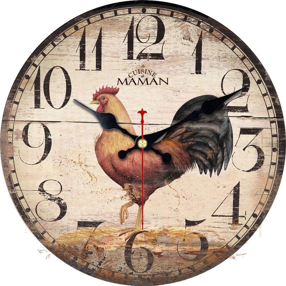 Shuaxin 14 Inch Brown Rooster Wall Clock,Silent Non Ticking Battery Operated Vintage Wooden Style Wall Clock for Room Decoration,Coffee Bar Decor