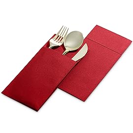 50-Pack Disposable Linen-Feel Dinner Napkins with Built-in Flatware Pocket, BRIGHT RED Prefolded Cloth Like Paper Napkins For Christmas, Dinner, Wedding Or Party [Silverware NOT Included]