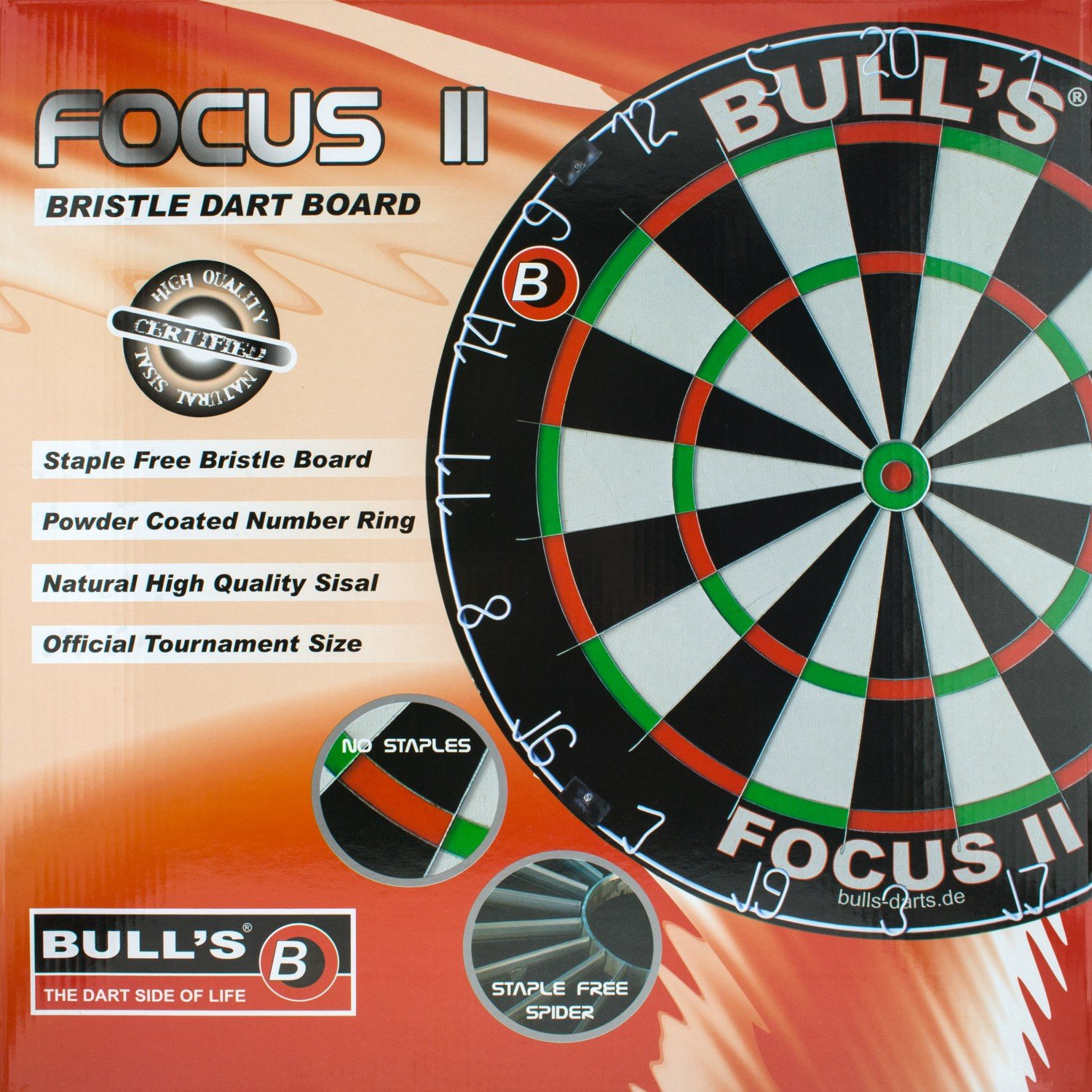 Bull's Focus II Bristle Dartboard/Dartscheibe, Black/White/Red/Green, 45,5 cm, 68006