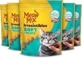 Meow Mix Irresistibles Soft Cat Treats with Real Salmon, 3oz Pouches Pack of 5 - Moist Training Rewards
