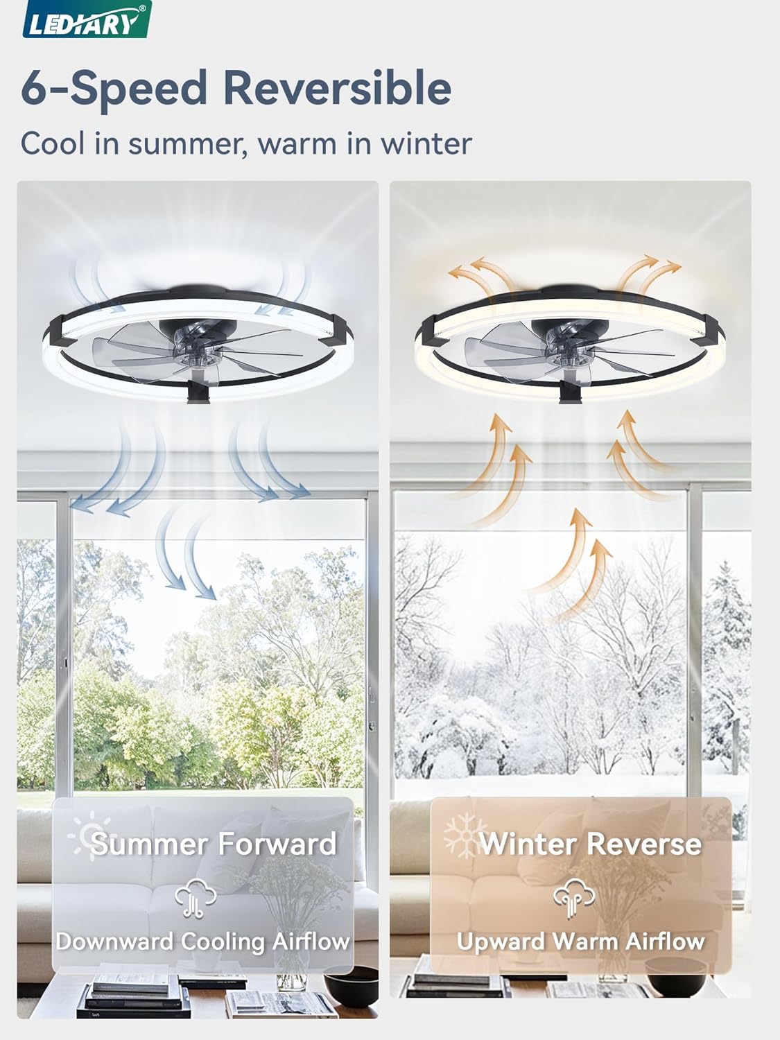 LEDIARY Ceiling Fans with Lights, 23 Inch Low Profile Ceiling Fan with Remote, 6 Speeds, Reversible, Dimmable Flush Mount Fan Light, Modern Fandelier Ceiling Fan with Lights for Bedroom, Black