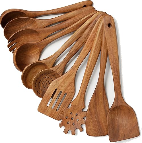 10 piezas de cucharas de madera para cocinar, juego de utensilios de cocina de madera de teca, espátulas para utensilios de cocina