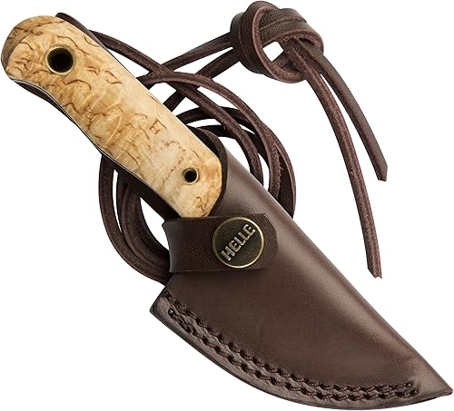 HELLE Cuchillos - Nying - Cuchillo de hoja fija corta para camping, pesca, caza, mango de madera de abedul rizada, acero inoxidable laminado triple,