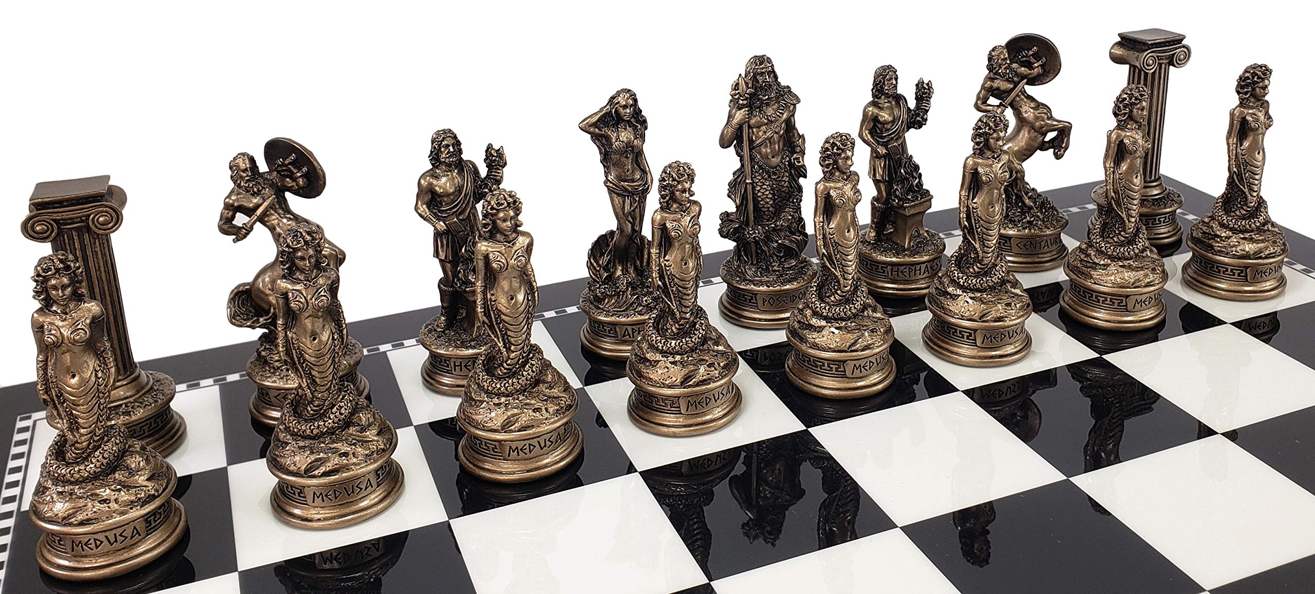 Large Poseidon Theme Chess Set Brass & Nickel Pieces with Blue