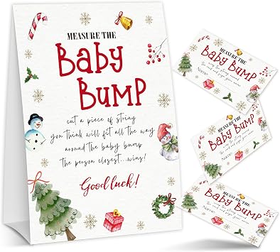ZIIUFRN Merry Christmas Baby Shower Game Card Set, Measure the Baby Bump Baby Shower Game, Christmas 1 Sign and 50 Cards, Minimalist Boy Girl Gender Neutral Baby Shower Supplies-B06