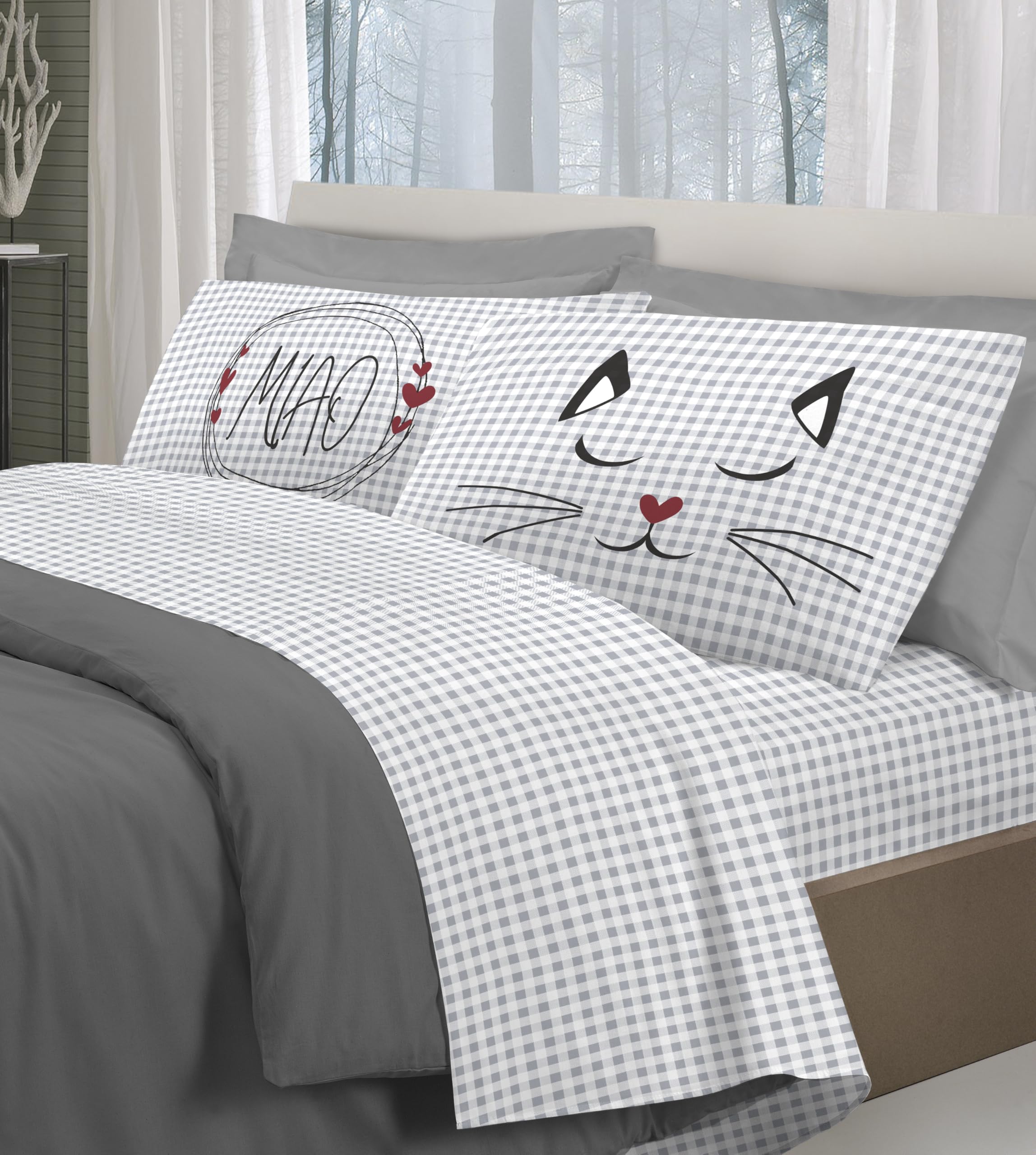 PELLECCHIA 1969| Set Lenzuola Letto Matrimoniale Fantasia Orsetto Tartan e Gattini 100% Cotone Made in Italy Lenzuolo sopra + sotto con Angoli + Federa/e con Stampa su due i Lati (Gatti Miao Grigio)