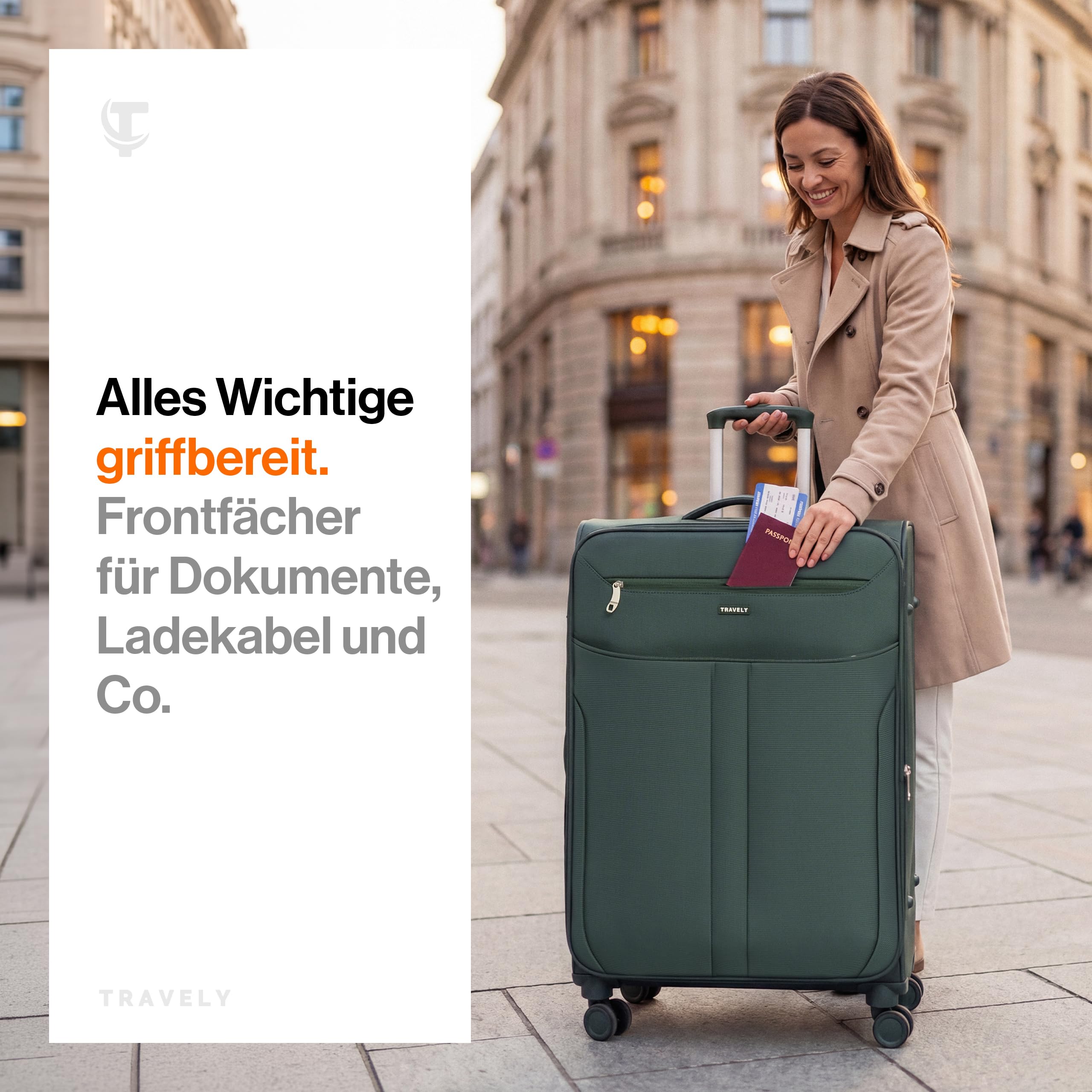 Travely Stoffkoffer XL - Großer Reisekoffer mit 4 Rollen und TSA Zahlenschloss - Leichter Weichschalen Koffer mit Dehnfalte, Koffer Groß aus reißfesten und wasserabweisendem Material, Trolley Groß