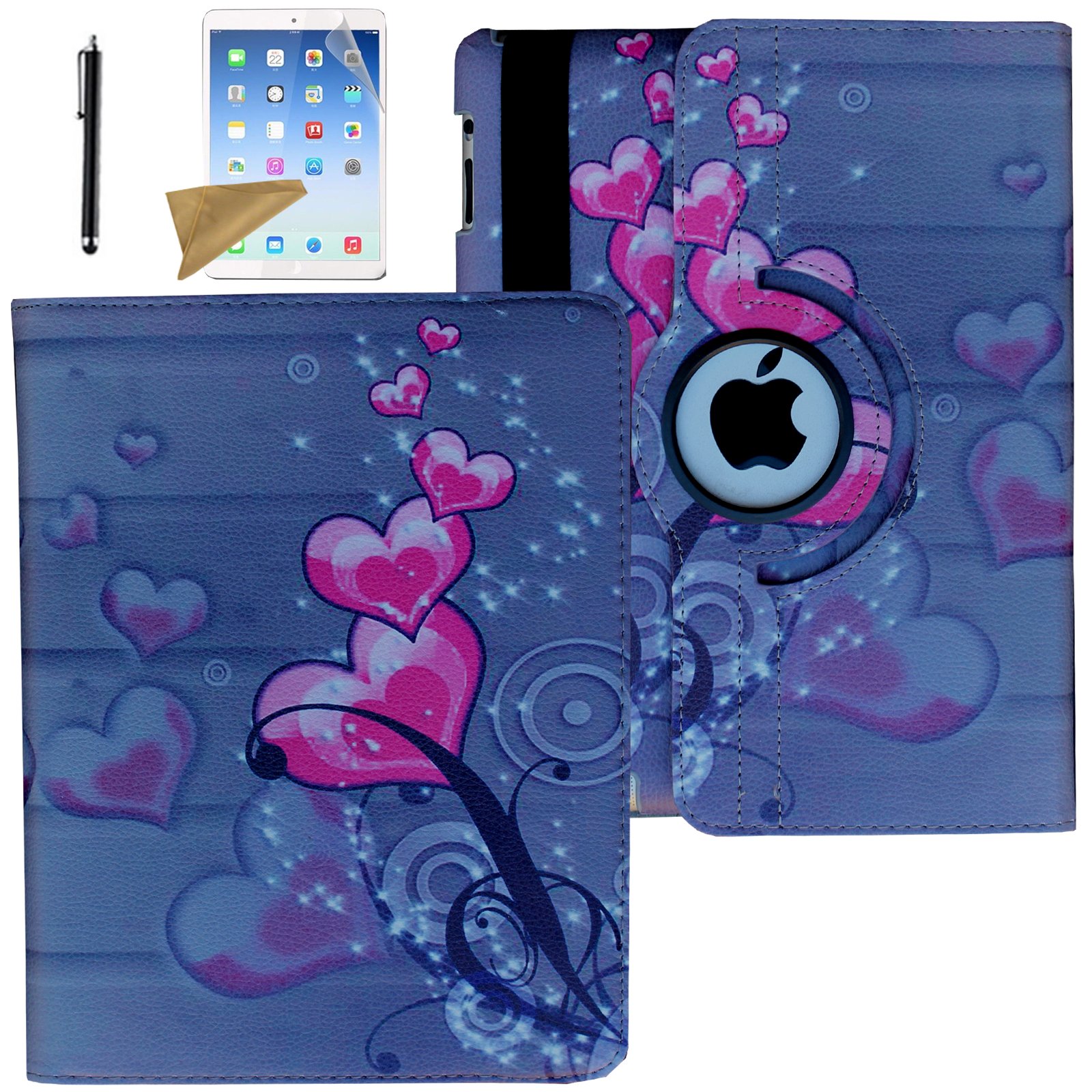 2017 New iPad 9.7 Case(2017 Release), iPad Air Case(2013 Release), Lingsor 360 Degree Rotating Stand Magnetic Smart Leather cover Auto Sleep Wake With Film And Stylus, Pink Heart
