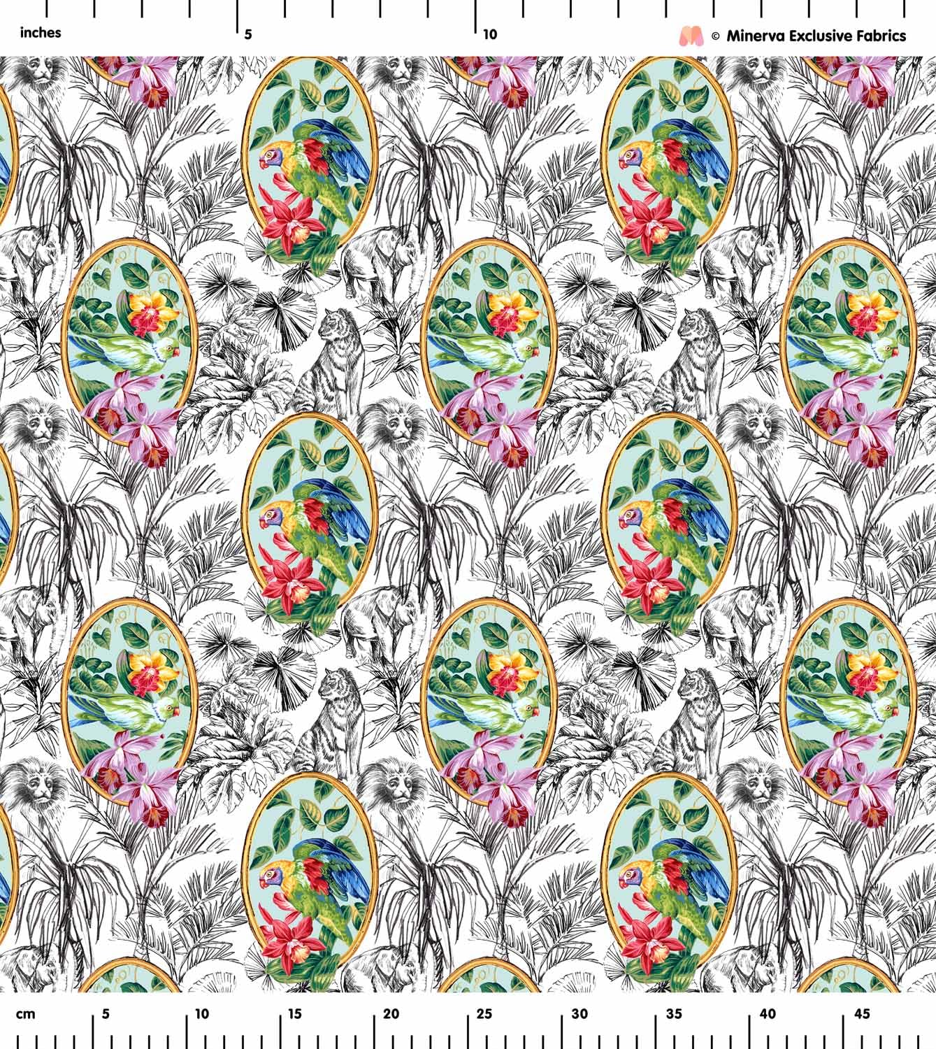 Minerva Tela exclusiva de cameos tropicales con estampado de animales, pájaros, estampados, por metro
