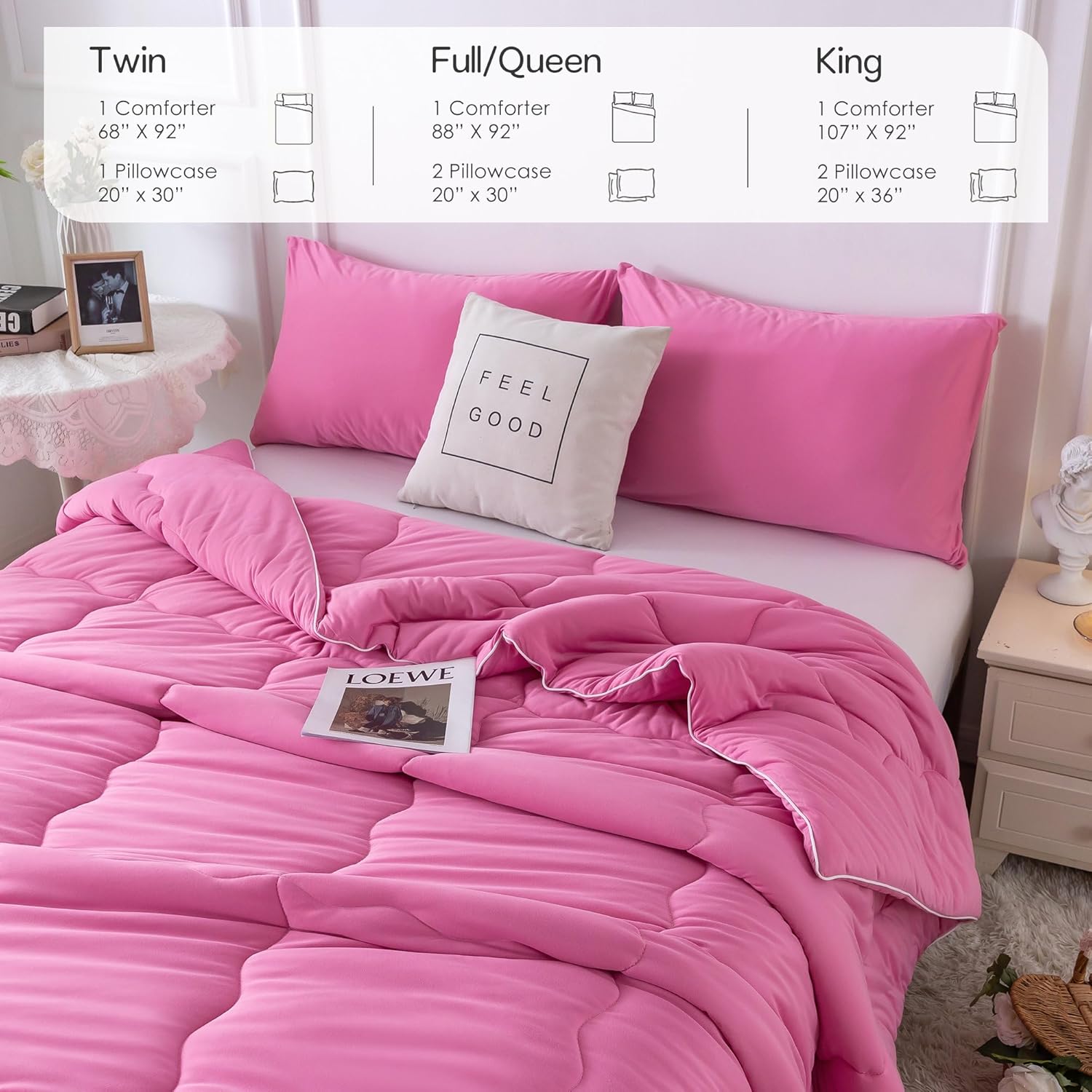 COTTEBED Softness Comforter Set KING Size Bed, Jersey Knit T-Shirt Feel Ultra-Soft Breathable Comy Cozy Lightweight Bedding Down Blanket Pillowsham Women Girl All Season, California/Cal King Rose Pink - Image 9