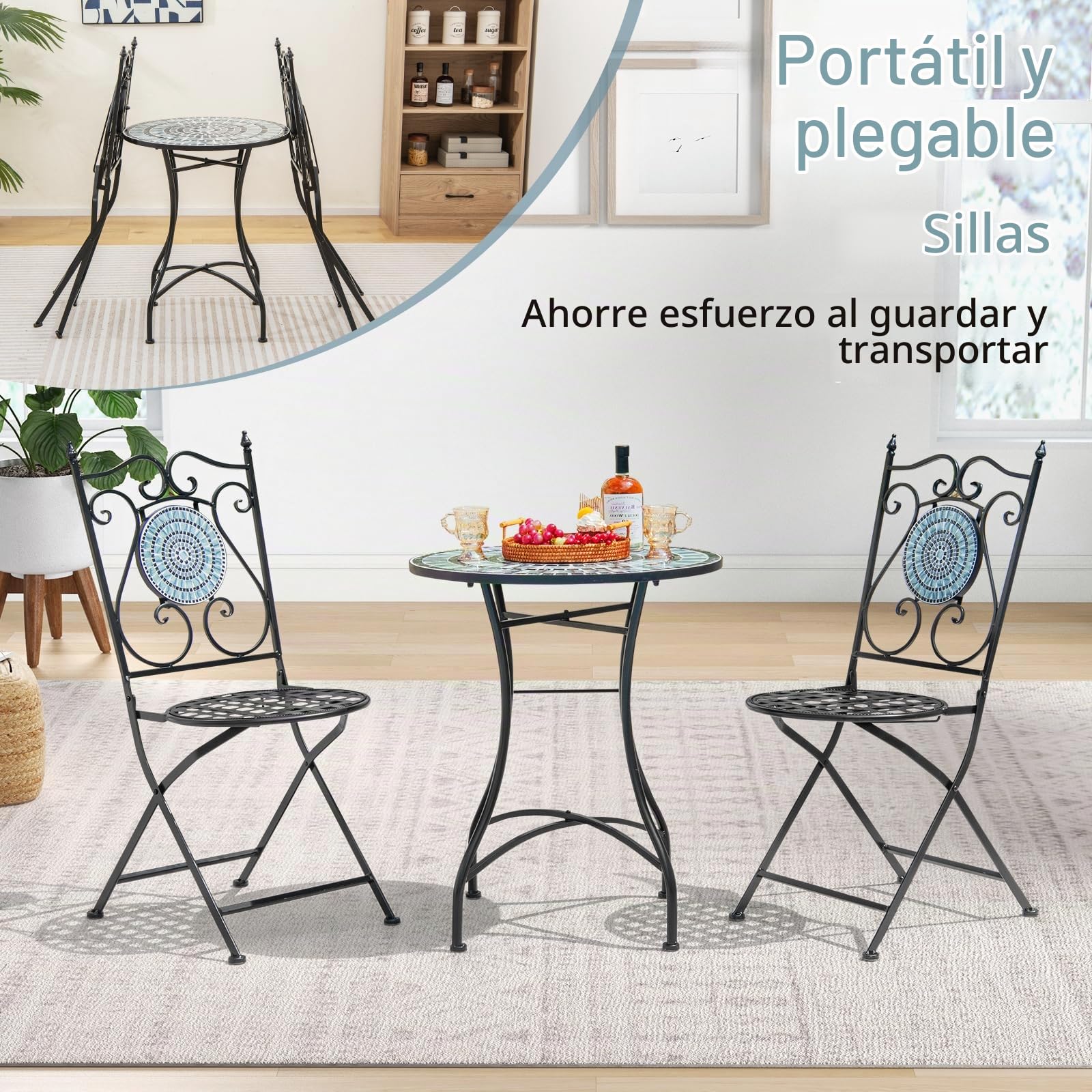 GIANTEX Mesa de Mosaico para Exterior, Mesa Redonda de Patio de Metal Resistente con Atractivo Patrón de Mosaico, Patas Antideslizantes, Montaje Rápido, Mueble Decorativo para Interior y Exterior