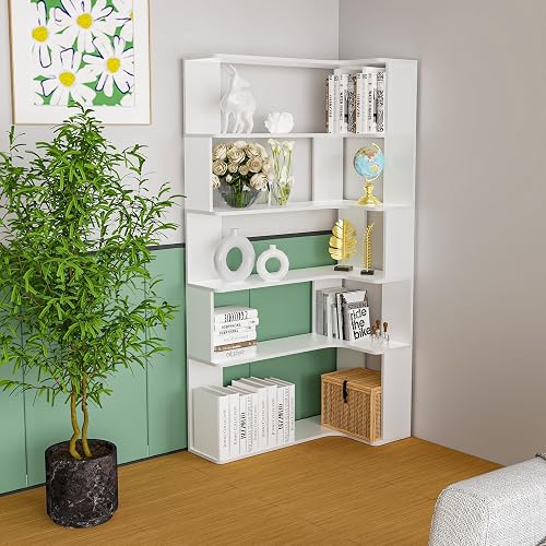OXFENSEE Bibliotheque Angle,Etagère d'angle à 5 étages, en Bois, Hauteur : 169 cm, Grande Etagere Ouverte, Style Moderne Meuble de Rangement pour Salon, Etudier,Chambre, Blanc - 6