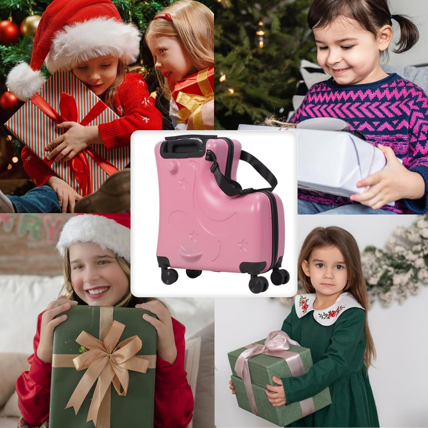 BESUFY Kids Luggage, Ride On Suitcase for Kids Kids Luggage with Wheels Impact Resistant Rolling Children Travel Suitcase with Seat and Safety Belt Carry-on Luggage with 4 Spinner Wheels Pink