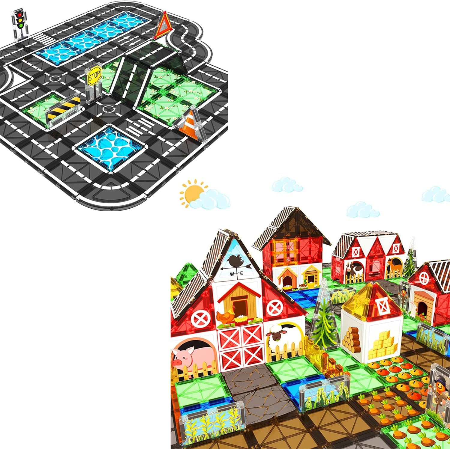 BigShu 103 PCS Magnetic Tiles, 35 PCS Magnetic Tiles Roads Construction Toys Plus 68 PCS Magnetic Tiles Farm Animal Toys Set for Toddles Kids