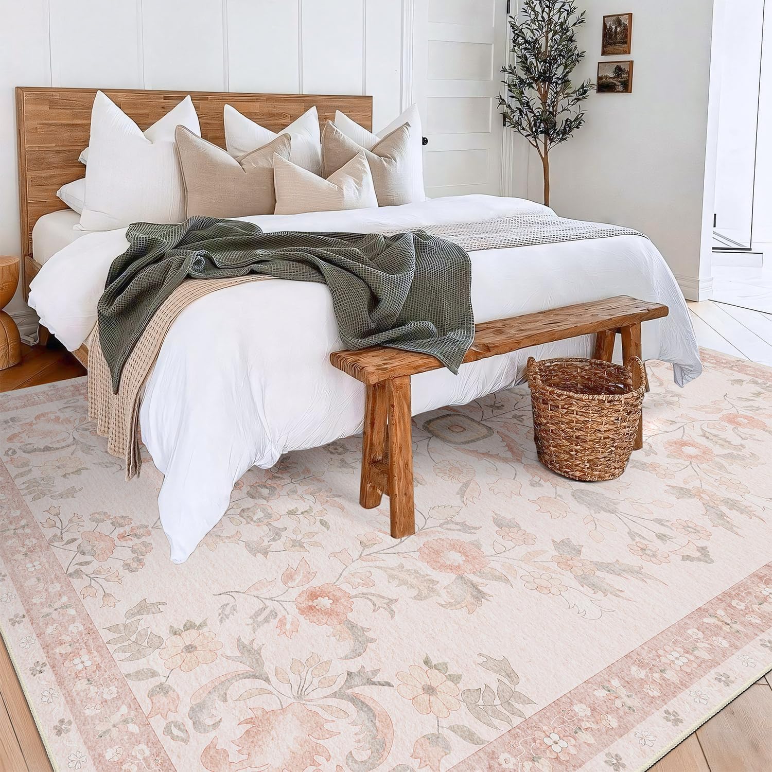 Area Rugs Washable,Large Floral Rugs for Living Room Bedroom Dining Room,Boho Indoor Floor Rug Non Slip Throw Carpet Low Pile Vintage Pink EXTRA LARGE