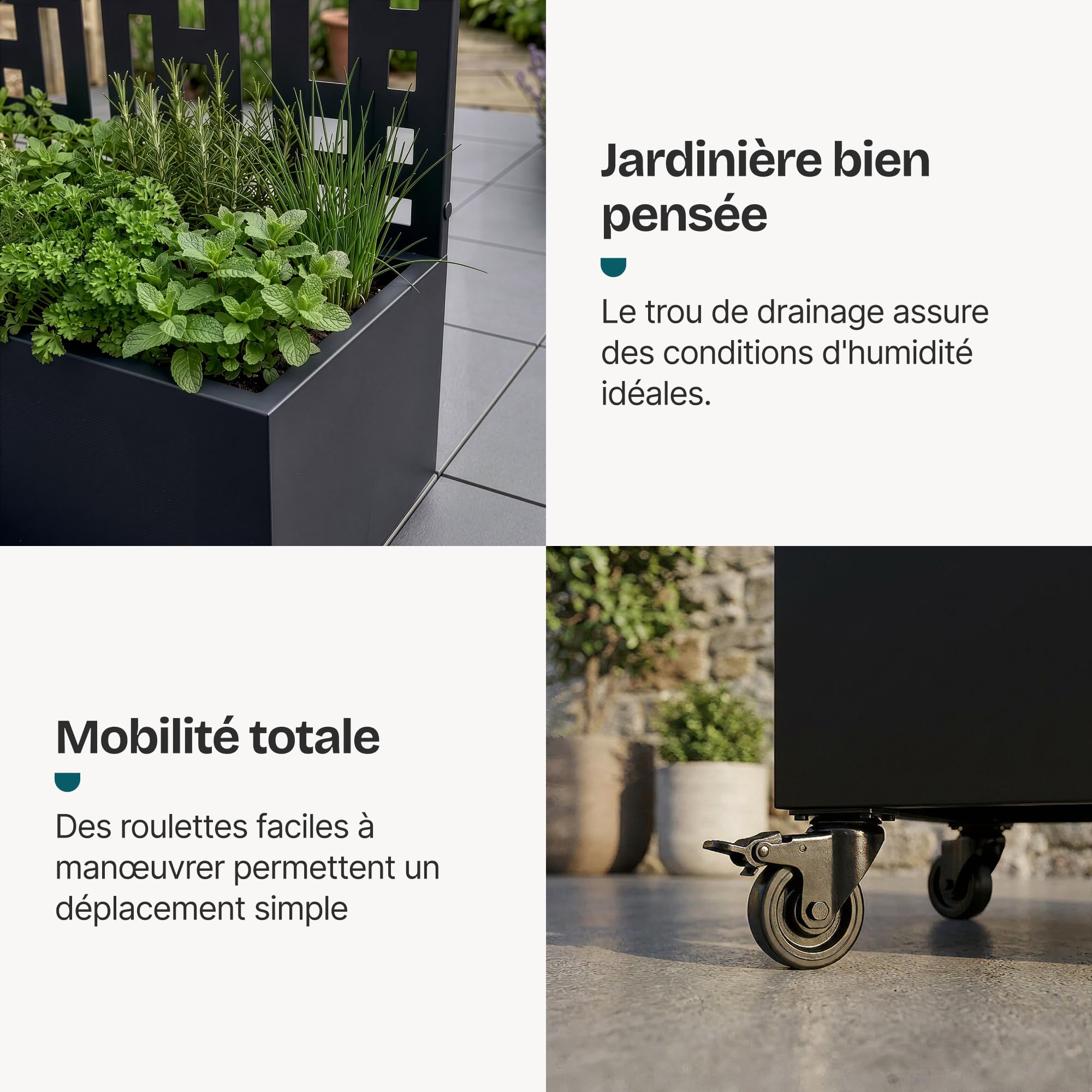 casa.pro Cloison avec Jardinière Bernalda en Forme d'arc 190x120x38 cm Noir | bac à fleurs résistant, protection contre les regards, séparateur avec roulettes, freins de blocage
