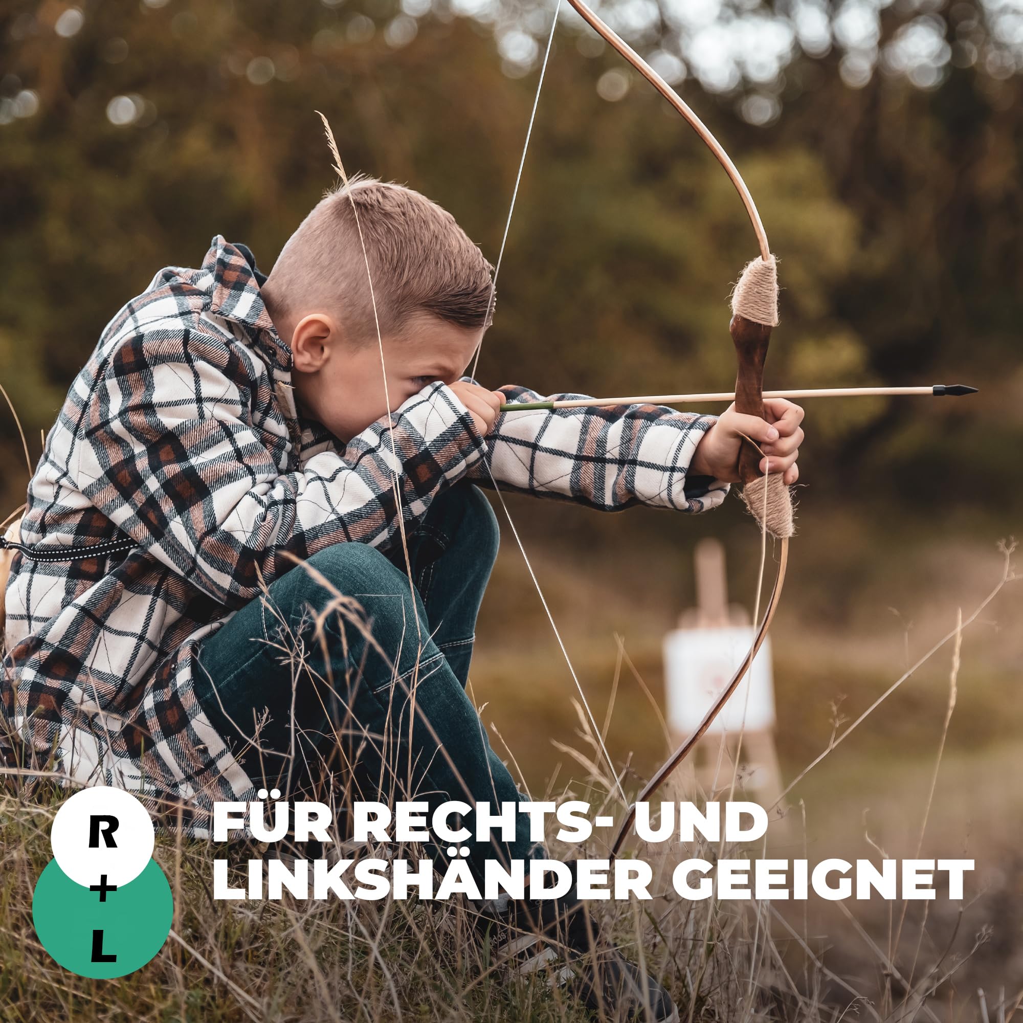 Pfeil und Bogen für Anfänger Sportgerät Set 15 Pfeile mit Gummispitze, Köcher, Tasche & 4 Zielscheiben | Bogenschießen | Für Rechts und Linkshänder