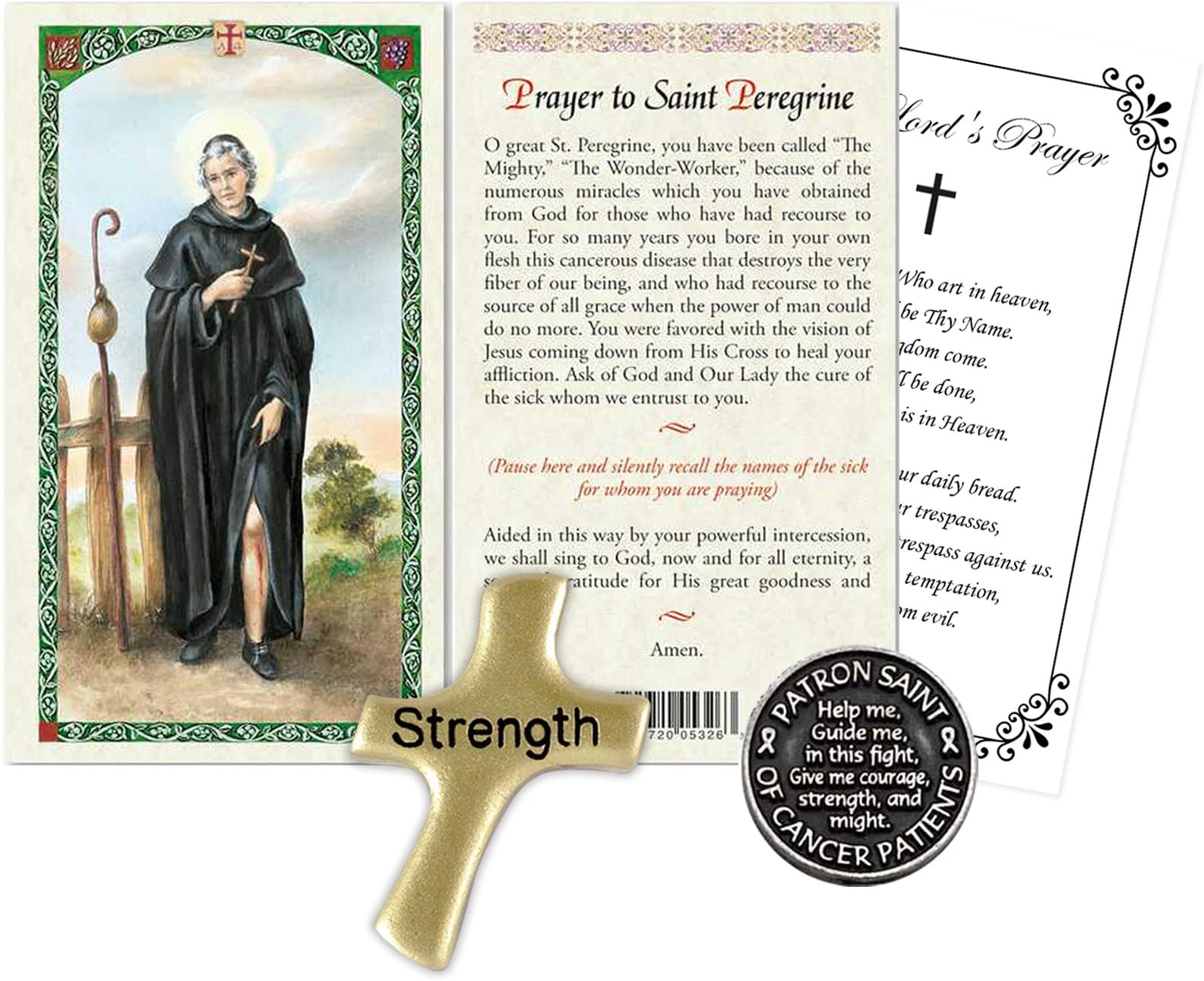 Laminated St Peregrine Prayer Card, Hand Held Comfort Cross, Saint Peregrine Pocket Token Coin, The Lord's Prayer | Catholic Patron Saint of Cancer Patients Themed Set | Total 4 Items