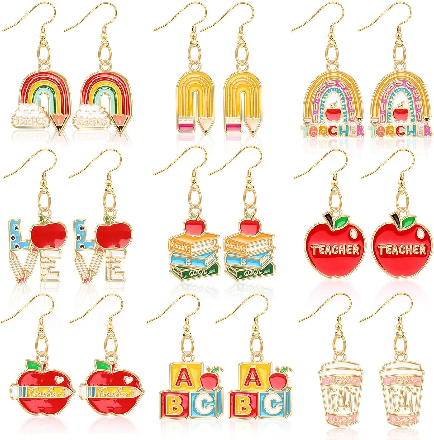 9 Pairs Teacher Earrings for Women Rainbow Pencil Book Dangle Earrings for Graduation Teacher Appreciation Gift Back to School Jewelry