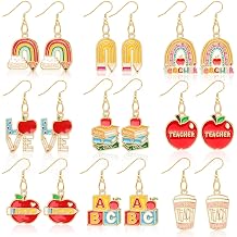 AUGSUN 9 Pairs Teacher Earrings for Women Apple Pencil Book Dangle Earring | Alloy Rainbow Pencil Book, Teacher Appreciation Graduation Gift, Back To School Jewelry, 9 Pairs Lightweight Dangles