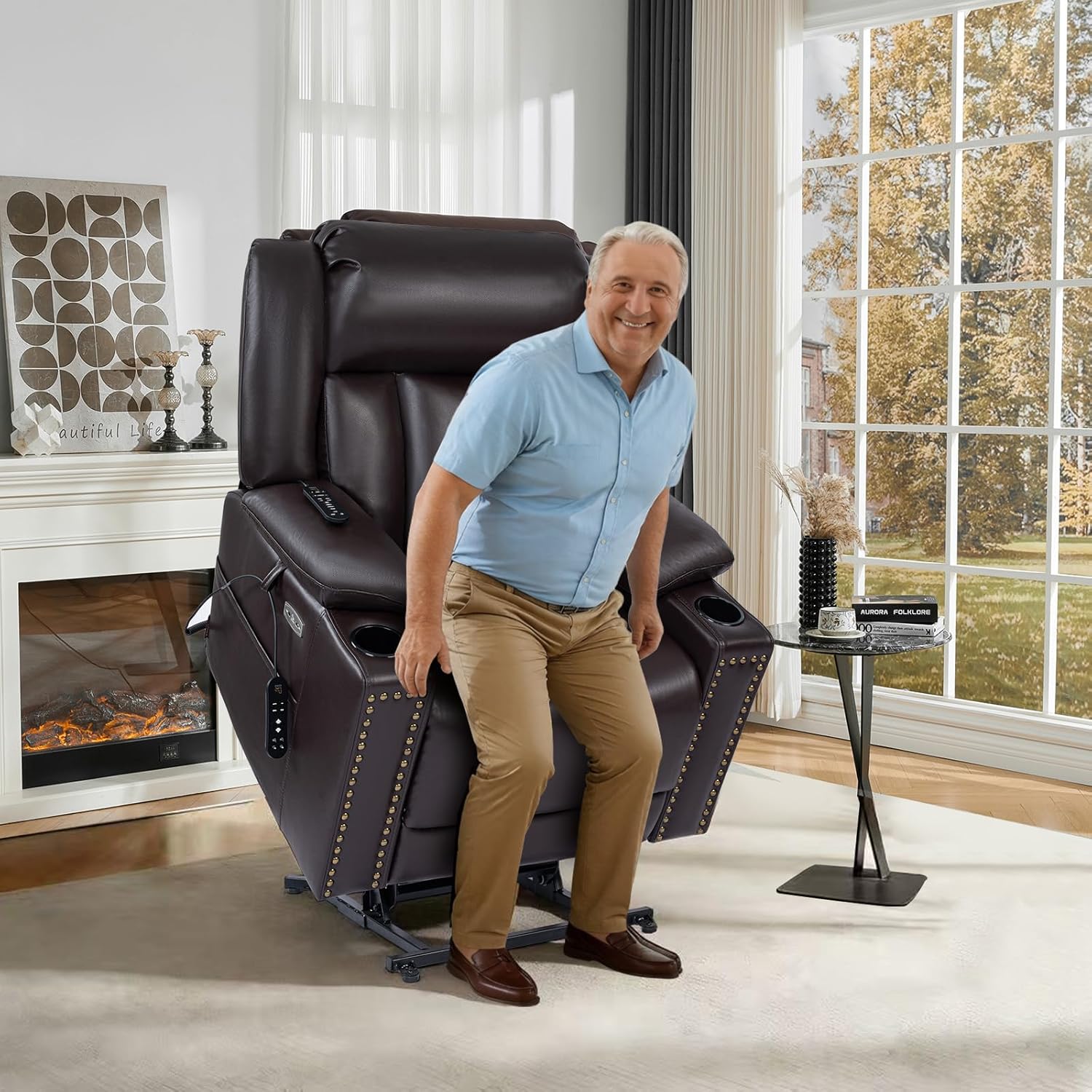 EONIX Retro Dual Motor Power Lift Recliner Chair for Elderly, 400lbs Heavy Duty Big and Tall Lay Flat Lift Chair with Heat and Massage, Extended Footrest, Cup Holders, SLRY025063, Dark Brown