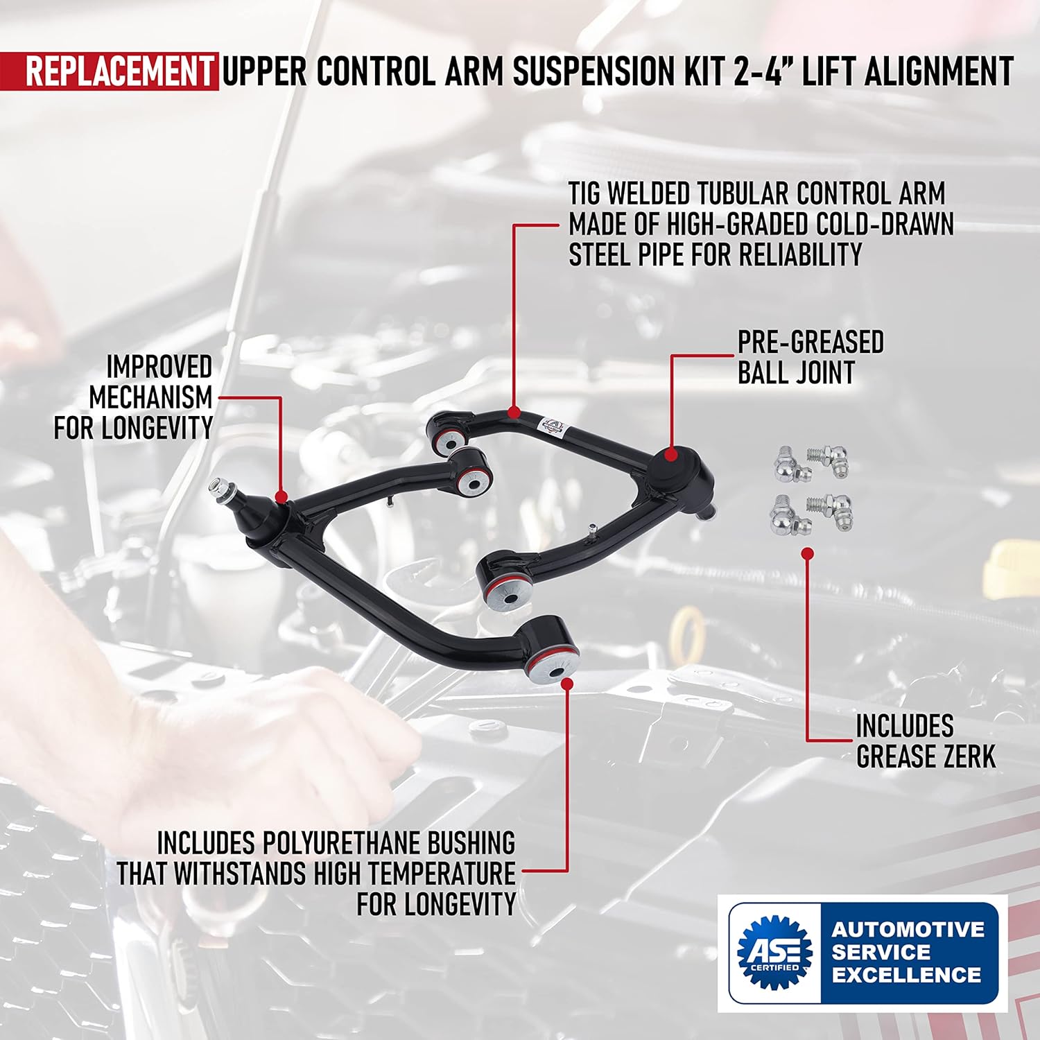 Replacement Upper Control Arm Suspension Kit 2-4" Lift - Compatible with Cadillac, Chevy, GMC with 6-lug Wheels - 2014-2020 - Escalade, Tahoe, Sierra, Yukon, Silverado Upper Ball Joints - Tubular