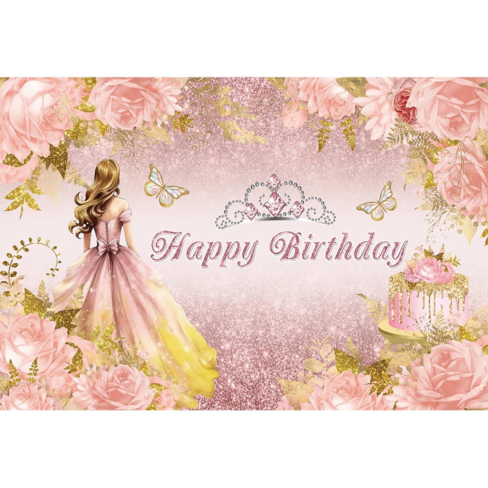 dnldliq 10x6.5ft Rose Gold Happy Birthday Backdrop Beautiful Butterfly Glitter Crown Photography Background for Women Girls Pink Floral Cake Birthday