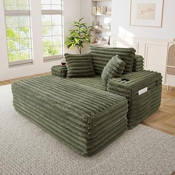 4-In-1 Oversized Chaise Lounge Chair Indoor with Ottoman, 54"W Faux Fur Convertible Folding Sleeper Sofa Bed with Cup Holder & Side Pocket,Comfy Boneless Couch Chair for Living Room, BedroomGreen