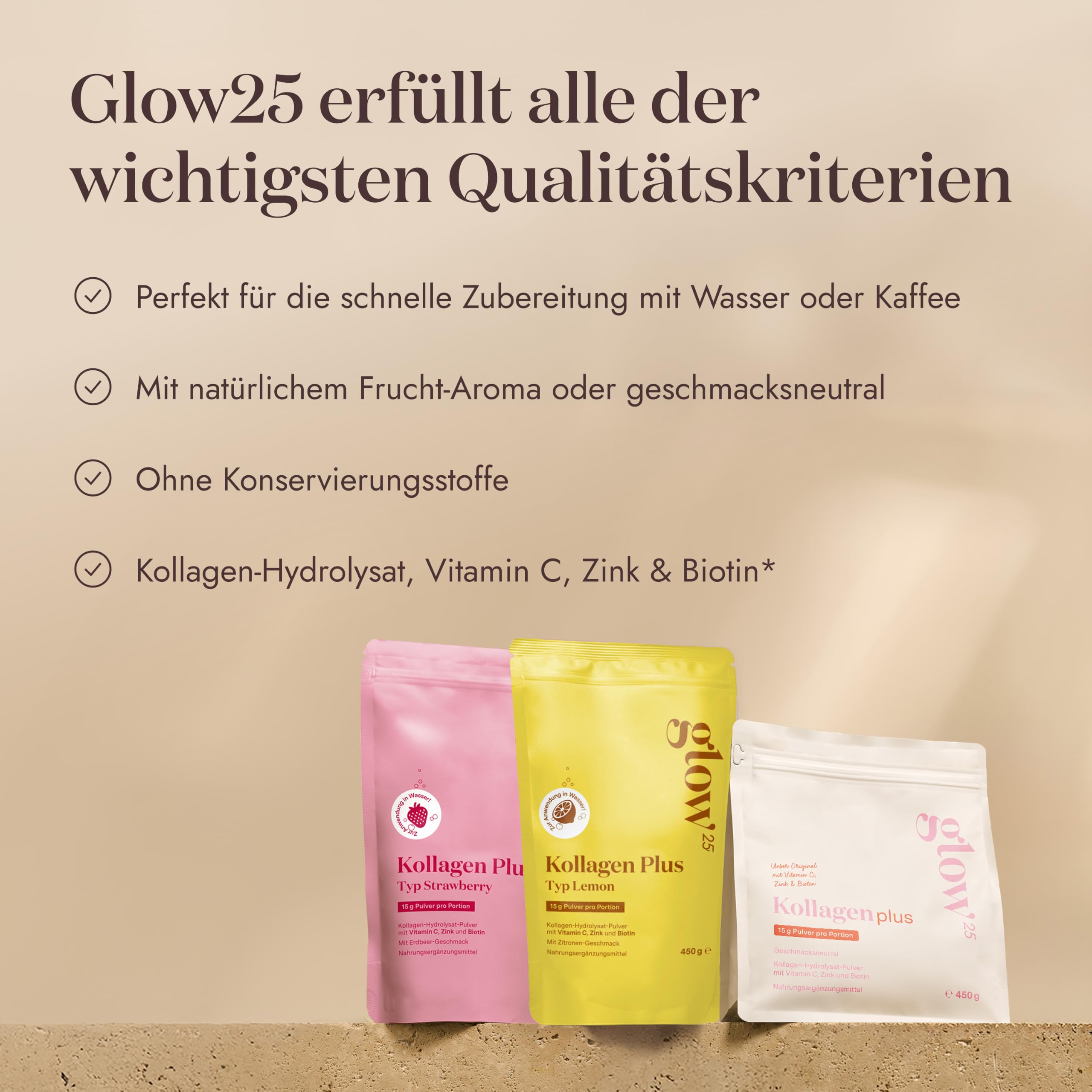Glow25® Collagen Plus Trio Set [3x 450g] – Kollagen Hydrolysat mit Vitamin C, Zink und Biotin – Neutral, Zitrone & Erdbeere – Peptide Typ 1 und 3
