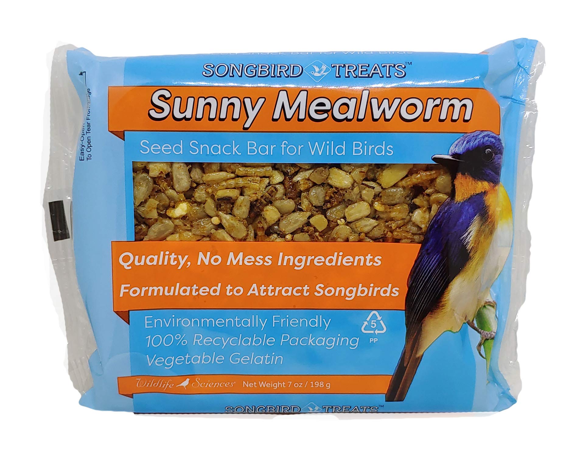 Songbird Treats Barras de semillas | Paquete de 12 pasteles de semillas de pájaro de 7 onzas para pájaros silvestres (gusano de harina soleado)